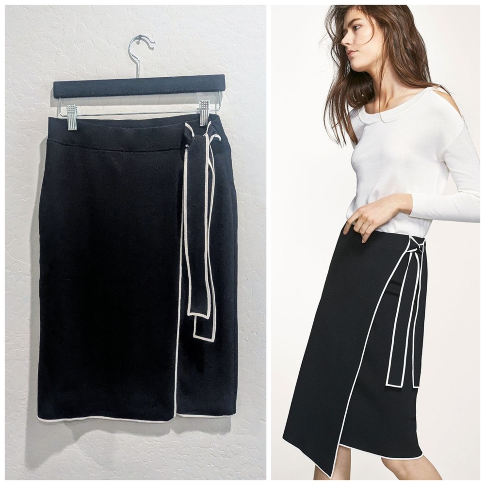 Elegant Black Wrap Skirt with White Trim
